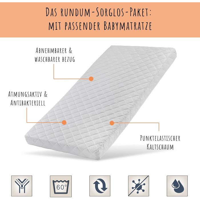 Convertible Baby Bed with Mattress, Toddler Bed, Crib, Bedside Sleeper, 60x120, Fall Protection, Baby, Toddler, Children's Bed, Complete Set, Height Adjustable & Removable Slats, Wood in White, 60 x 120 cm + Mattress White
