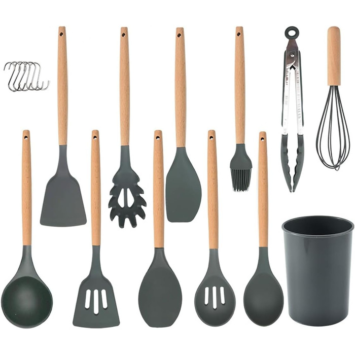 Набір кухонних помічників 12 шт. з силікону з дерев'яними ручками. Набір кухонного посуду: щипці, лопатки, ложки. Стійкий до високих температур, антипригарне покриття. Сірий колір.
