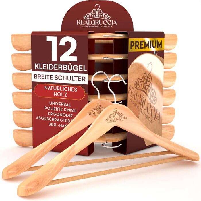 12 Wooden Clothes Hangers, Wide Shoulder, Wood Hangers, Natural Wood Color, Trousers and Shirts - RealGruccia with Trouser Bar, Polished Surface, Swivel Hook, Angled Profiles - 24x45cm