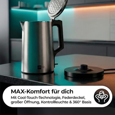 Електричний чайник Aeco AQA NEO з нержавіючої сталі, 1.7 л, 2150 Вт, без BPA, фільтр від накипу, бездротовий, CoolTouch, шампань сріблястий