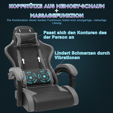 Devoko Massage Gaming Chair, Computer Office Chair with Footrest, Racing Gamer Chair 150kg Weight Capacity, 90-135° Adjustable Backrest, 360° Swivel, Gray