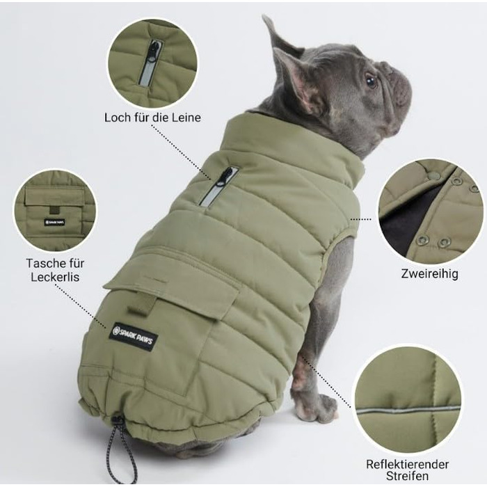 Spark Paws Warmshield™ Dog Jacket Winter Coat, Warm Fleece Lining, Water-Repellent, Windproof, Reflective Vest, Suitable for Medium and Large Dogs, Cold Protection Snow Jacket Parka - - M (M: 5-7kg, Olive)