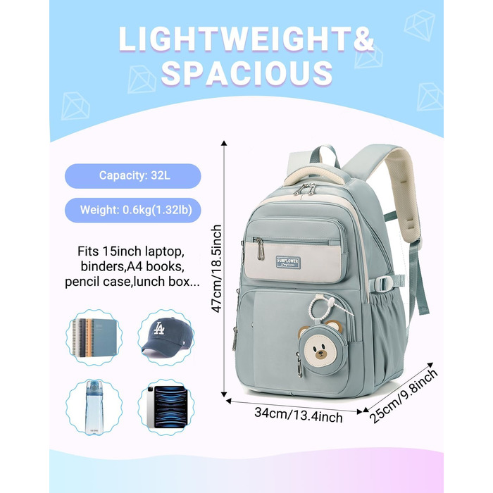 Дитячий рюкзак для дівчаток Kinderrucksack: 32L, для 2-10 класу, легкий, з дихаючою спинкою та м'якими лямками | З нагрудним ременем | Рюкзак для школи, підлітка 8+