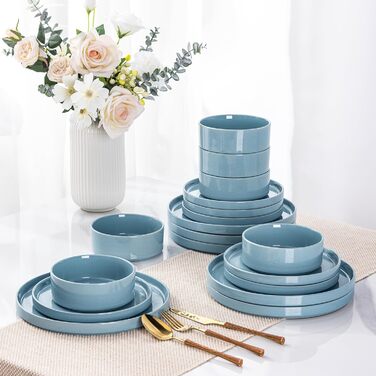 Набір посуду GBHOME для 4 осіб, 12 предметів: тарілки, миски, чашки з глазурованим дном, стійкий до подряпин та сколів, підходить для миття в посудомийній машині та використання в мікрохвильовій печі, блакитний колір