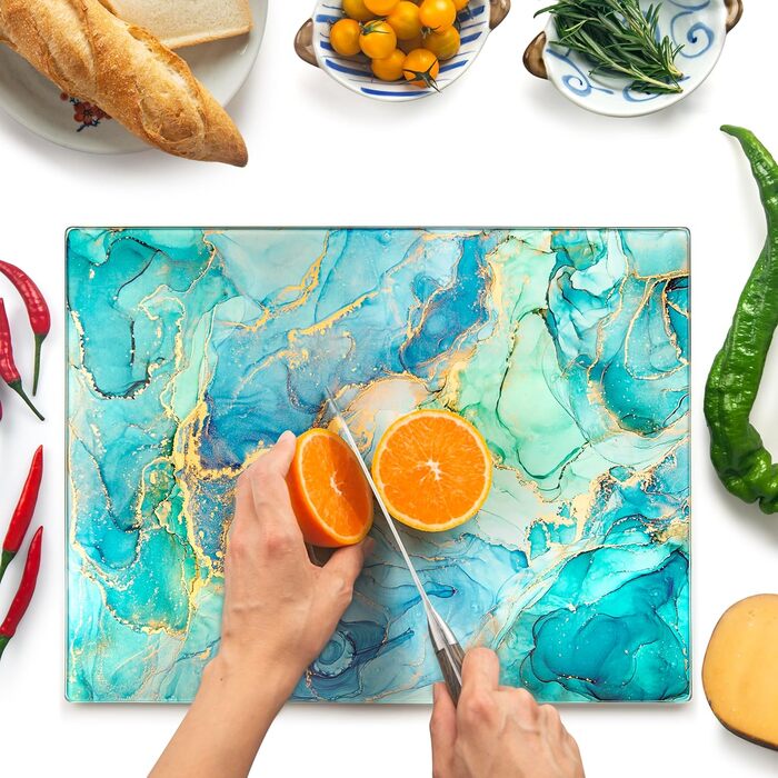 Скляна дошка для нарізання 40x30 см – гігієнічна скляна дошка з термостійкого скла, стійка до подряпин та ковзання – скляна плита для кухні, чорна поверхня під мармур (дизайн 09, 40L x 30B см)