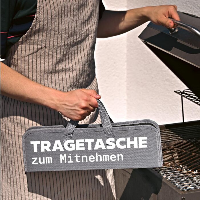 Набір гриль-посуду Praknu з дерев'яними ручками та сумкою - стійкий до високих температур, нержавіючий та міцний. Включає щітку, щипці, лопатку та виделку для м'яса. Ідеальний подарунок для чоловіків.