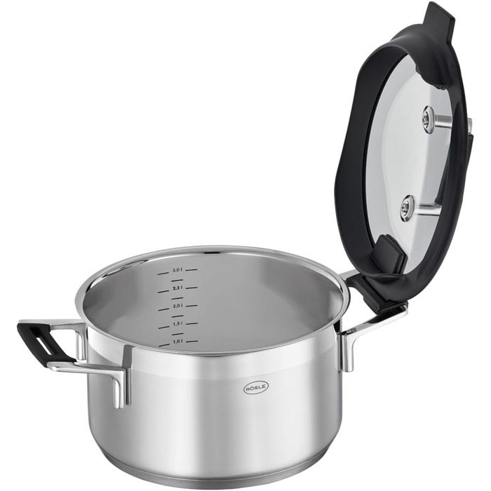 Каструля RÖSLE SILENCE PRO 24 см, універсальна, нержавіюча сталь 18/10, скляна кришка, індукційна, з внутрішньою шкалою, для плити, срібляста/чорна
