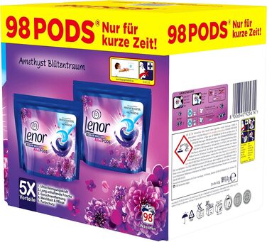 Капсули для прання кольорових речей Lenor All-in-1 PODS Amethyst Blütentraum, гігієнічне глибоке очищення та тривала свіжість, 98 шт