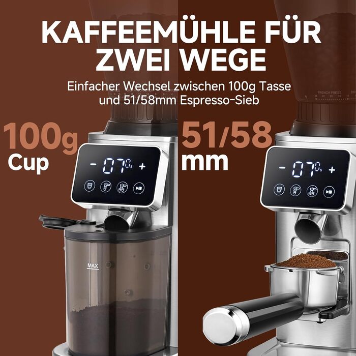 AMZCHEF Електрична кавомолка з регулюванням помелу для еспресо, drip, pour over, cold brew та French press | Срібна