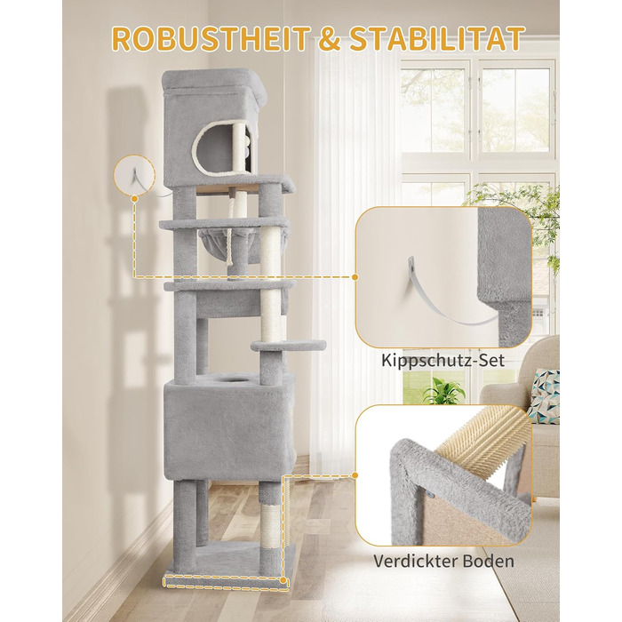 Когтеточка для котів Hzuaneri XXL (203 см) з великою платформою, 2 печери, 7 стовпчиків, помпонами, лежаками та гамаком. Підходить для всіх порід котів. MS20318YL (Світло-сірий)