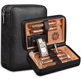 Чохол для сигар з шкіри, вологомір та запальничка 3-в-1, портативний, на 6 сигар, плоский різак, аксесуари, подарунок (чорний)