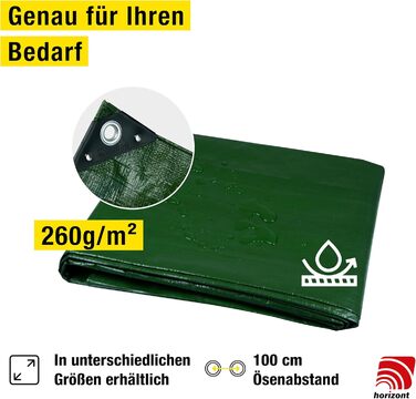 Waterproof tarpaulin 260g/m² 8x10m with tear-resistant eyelets, sandbox and pool cover, woven tarpaulin for car, motorcycle, bicycle - Windproof cover for outdoor use, green
