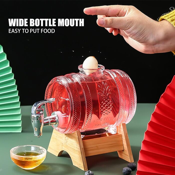 OUGPIU Whisky Decanter, 1000ml Barrel with Tap and Wooden Base, Barrel-Shaped Glass Drink Dispenser with Stopper Corks, Transparent Alcohol Dispenser Set Gifts for Friend, Husband, Father