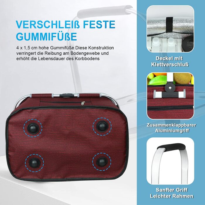 Термосумка-холодильник для покупок 35L, велика ізольована сумка-холодильник для обіду, офісу, кемпінгу, пікніка, подорожей, водонепроникний внутрішній кишень, міцна підтримка бокових стінок, винно-червоний колір
