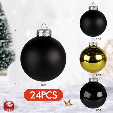 Набір ялинкових прикрас Hengsong - 24 чорні скляні кулі з золотом, 6 см