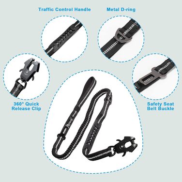 Міцна тактична повід для собак Raiput Bungee, 1.2-1.8 м, без ривка, з карабіном, світловідбиваючий, амортизуючий, з авторемнем безпеки (Чорний, 4-6 FT Bungee)