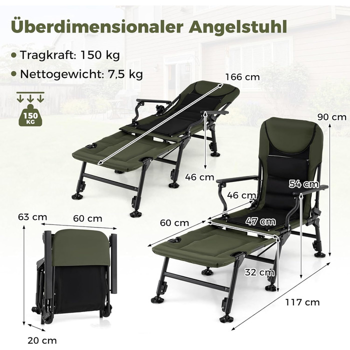 Крісло розкладне Costway Angelstuhl з підставкою для ніг, регульованою спинкою та високою подушкою, для кемпінгу, риболовлі та відпочинку