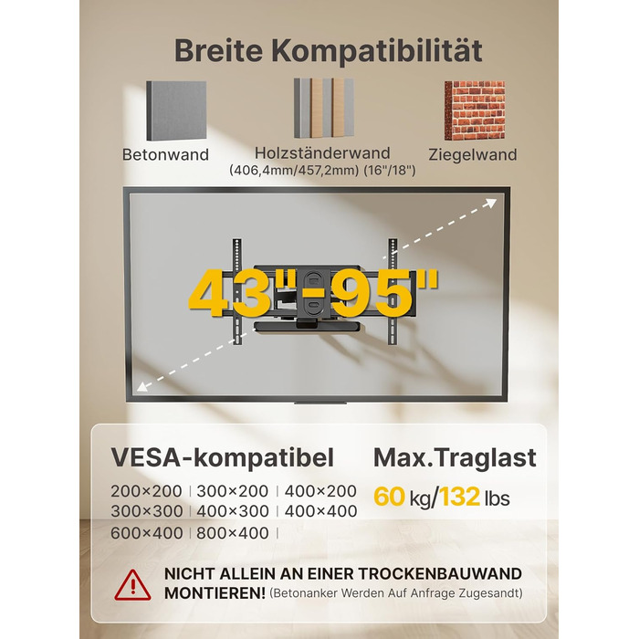 Кріплення для телевізора monTEK для 43-95 дюймів (Flat & Curved), до 60 кг, поворотне та нахильне, висувне, VESA 800x400 мм