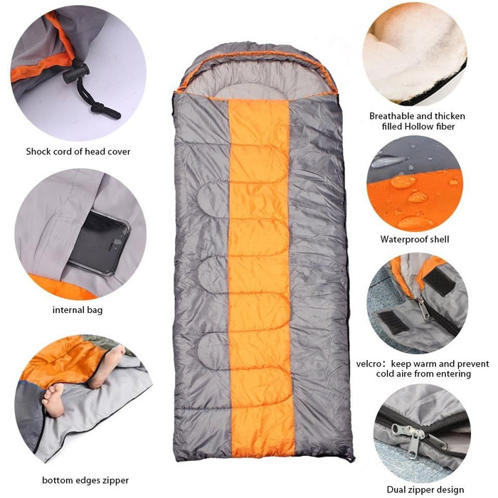 Спальний мішок для кемпінгу, 3 сезони, з капюшоном, для дорослих, зимовий, для подорожей, рюкзаків, походів, з компресійним мішком, оранжевий/сірий, L