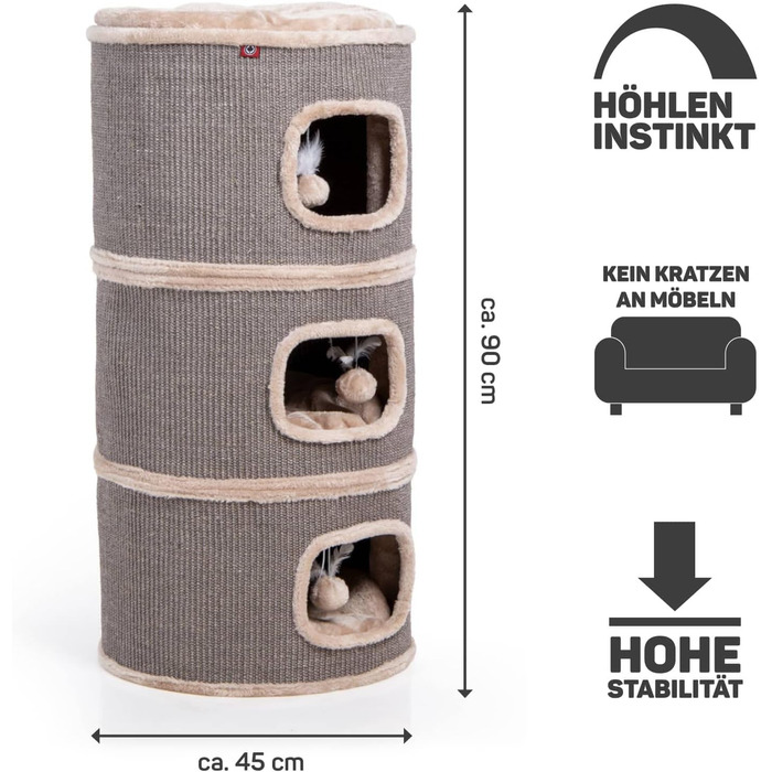 Котячий будиночок-крізьтонні Tony, 90 см: крізьтонні, будиночок з 3 печерами, котячий будиночок з сизалю, меблі для котів (Бежевий)