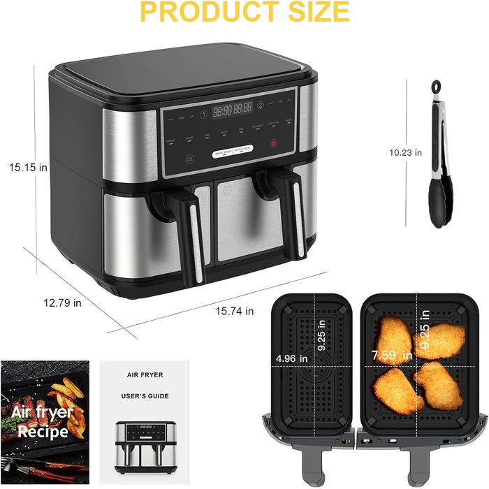 Euary Max Dual Zone 10L цифрова аерофритюрниця з двома незалежними кошиками 4 л та 6 л для сім'ї, 8-в-1, з рецептурником, таймером і регулюванням температури