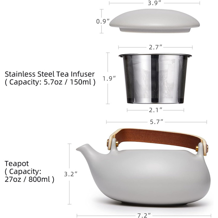 ZENS Modern Japanese Teapot, 800ml Matte White Ceramic Teapot with Infuser, Wooden Handle Small Japanese Teapot for Loose Leaf Tea, White Tea, Green Tea Steeper, Gift for Tea Lovers (02-gray Teapot)