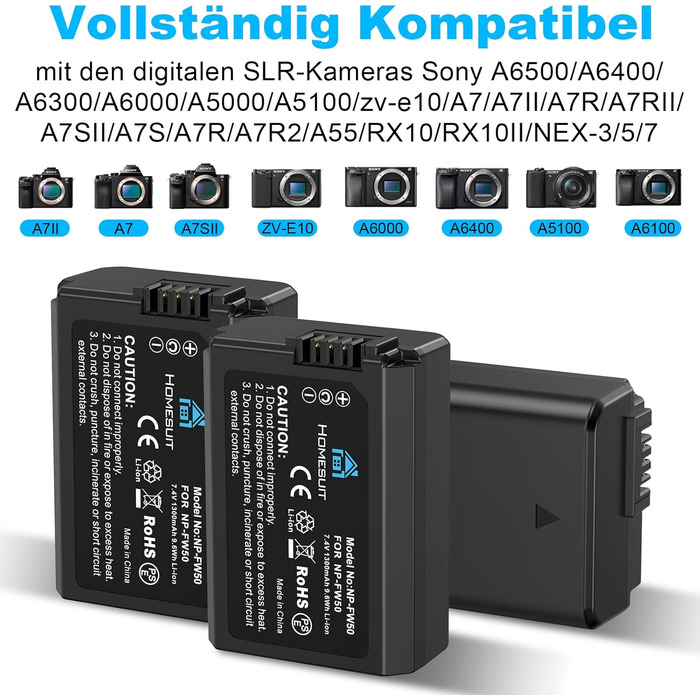 Акумулятор NP-FW50 Homesuit 1300mAh та LCD-зарядний пристрій для Sony Alpha A6000 A6300 A6400 A6500 ZV-E10 7RM2 A7SM2 A7M2 A7 II A7R II A7S II A55 A5000 A5100 A3000 RX10 II III IV NEX-3/5/6/7 NEX-F3 (3 шт.)