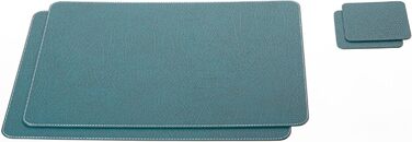 Placemats and Coasters made of Recycled Leather Table Sets, 2 Table Placemats, 40x30 cm and Coasters 10x10 cm (Petroleum Green)