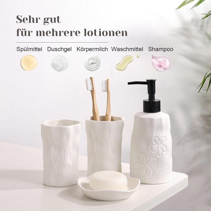 4-Piece Bathroom Accessories Set, Ceramic Bathroom Accessories Set with Soap Dispenser, Soap Dish, Toothbrush Holder, Elegant Matte Bathroom Set with Embossed Details, White