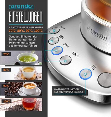 Arendo - Glass Water Kettle with Temperature Setting and Tea Strainer - Electric Kettle in Stainless Steel - Temperatures 70, 80, 90, 100 Degrees - 1.7 Liter - 2400 Watt - Keep Warm Function - BPA Free