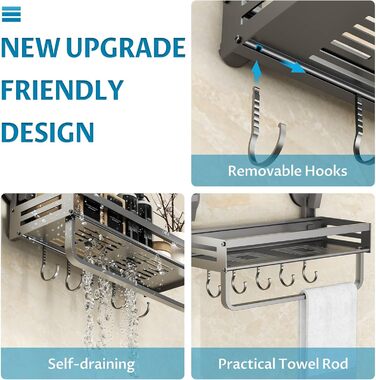 Поличка для душу Onemake з присосками, Дзеркальна поличка для ванної кімнати з ручками, Організатор для ванної кімнати з тримачем для рушників, Матовий чорний (30 см, 1 шт.)