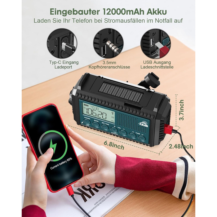 Радіо Roxicosly з ручним заводом та сонячною панеллю, 12000mAh Power Bank, AM/FM радіо для будівельних майданчиків, з ручним заводом та 5-ма способами живлення, приймач на весь світ, ліхтарик та зарядний пристрій, для відпочинку на природі, кемпінгу, надз