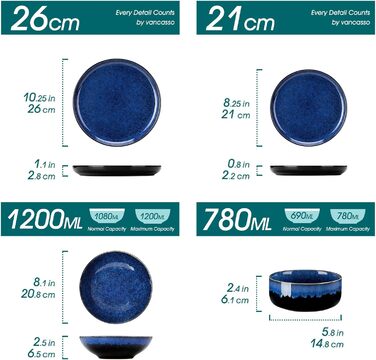 Vancasso Starry 24-Piece Blue Stoneware Dinnerware Set for 6 - Complete Tableware Set with Plates, Bowls