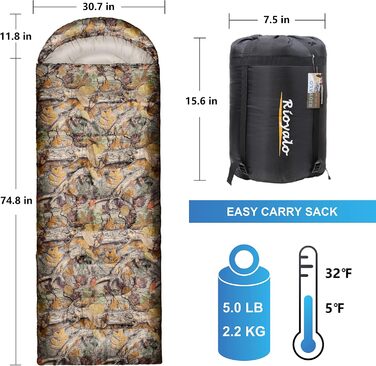 Сплячі мішки зимові для дорослих, 0°C, для кемпінгу (450GSM) - Діапазон температур (від -15°C до 0°C), водонепроникні, компактні, для великих і високих людей, для походів, хайкінгу, 4 сезони (камуфляж Wald-Tarnmuster)
