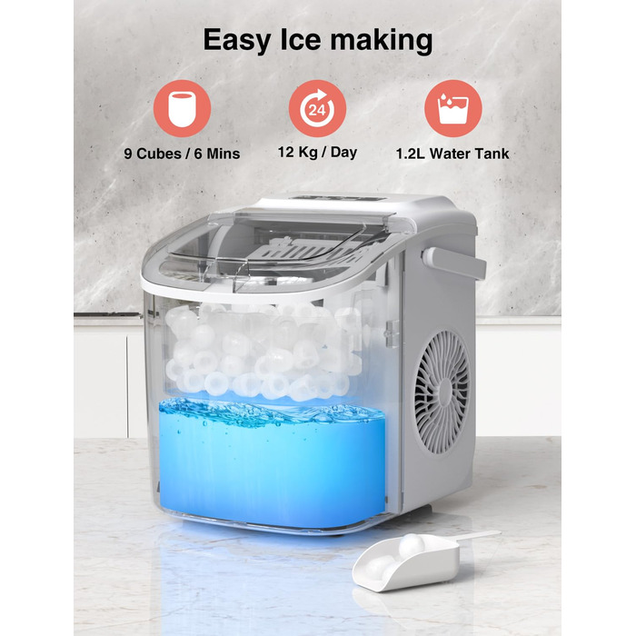 Машина для приготування льоду CROWNFUL: портативна, 9 кубиків за 6 хвилин, самоочищення, 12 кг/24 год, для дому, кухні, офісу, бару, вечірки (біла)