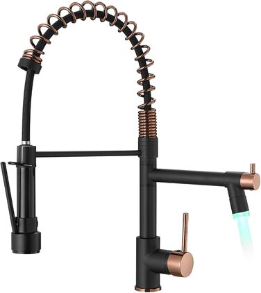 Змішувач кухонний AIMADI LED з витяжкою, поворотний 360°, чорний/рожеве золото