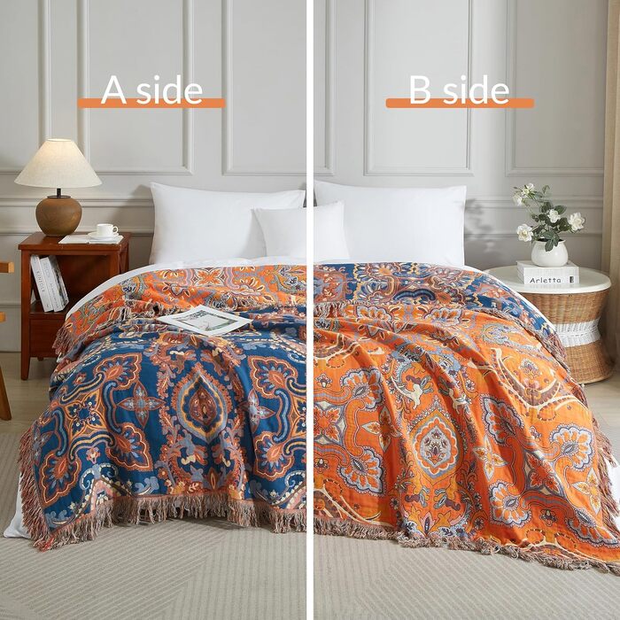 Богемна ковдра Boho Decke 100% бавовна – двостороння муслінова ковдра 150x200 см, м'яка софа/ковдра та покривало для ліжка, естетичний дизайн, ідеально для вітальні та спальні, помаранчево/блакитний колір, зірковий сон 150 x 200 см