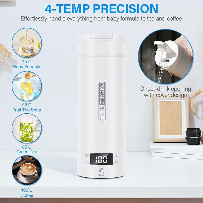 Електричний дорожній чайник Mkitnvy 500 мл, портативний, нержавіюча сталь 304, автоматичне вимкнення, швидкий нагрів, міні-чайник для дитячого харчування, чаю, кави