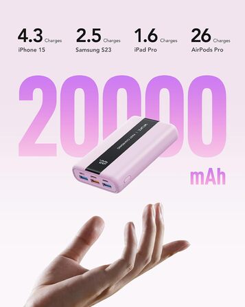 Power Bank VRURC 20000mAh: Швидка зарядка 22.5W, USB-C, 6 портів, LED-дисплей, для iPhone, Samsung, Huawei, iPad, 22.5W QC/PD 3.0, CE-сертифікований, зелений (фіолетовий)