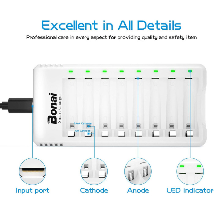 Зарядний пристрій BONAI для акумуляторів AA/AAA NI-MH з LED дисплеєм та USB, 8 слотів, швидка зарядка