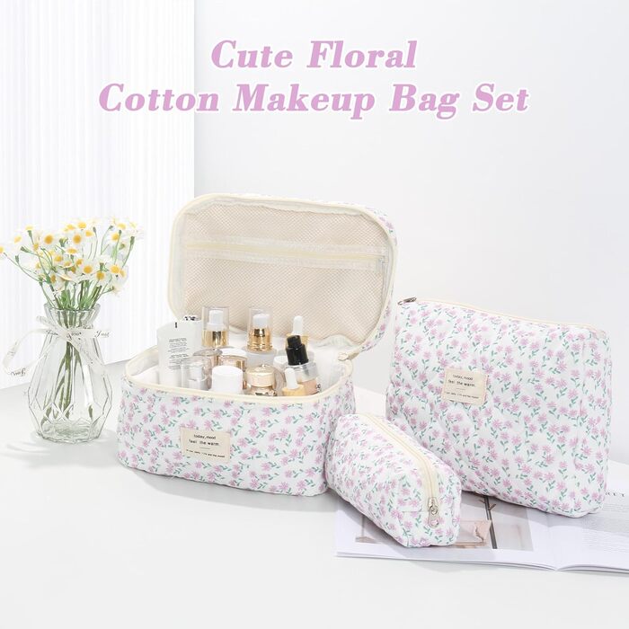 Набір косметичок 3 шт. з квітковим принтом для жінок та дівчат | Косметичка для подорожей та повсякденного використання | Набір косметичок з вишивкою (фіалково-павлинний)