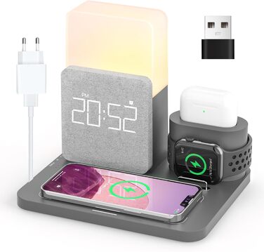 Бездротовий зарядний пристрій COLSUR 3 в 1: зарядка, нічник, будильник. Підтримка iPhone 16/15/14/13/12/11/X/8 Pro Max/Mini/Plus (Сірий)