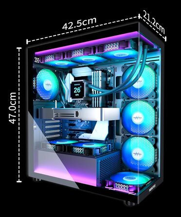 Корпус ПК MUSETEX K2: Mid Tower ATX з 7 PWM ARGB вентиляторами, подвійне панорамне скло, Type-C, чорний (42,5 x 21,2 x 47 см)