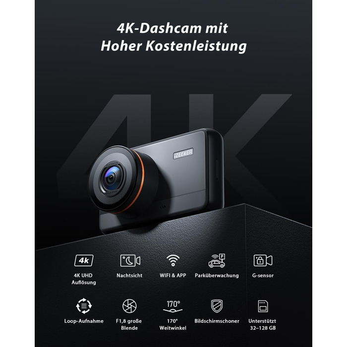 iZEEKER 4K відеореєстратор для авто, 2160P WiFi, 32GB карта, нічне бачення, Loop-запис, G-сенсор, 24h паркінг, WDR