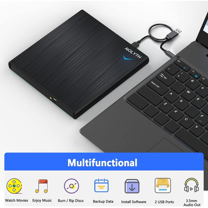 Зовнішній CD/DVD-привід USB 3.0 Type-C з аудіовиходом та USB-портами, тонкий DVD-RW плеєр та записувач для ноутбука, MacBook, Apple, чорний