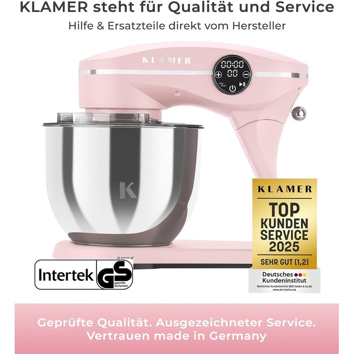 Кухонний комбайн KLAMER 1800W, планетарний міксер для тіста з чашею з нержавіючої сталі 6л (Premium Pink)
