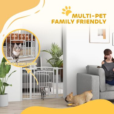 Бар'єр для собак PawHut: регульований, 76-104 см, безпечний, з двома розширювачами, двома замками та маленькими воротами для сходів та дверей, білий