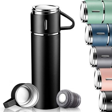 Stainless Steel Thermos Flask with Cup and Handle - 500ml Insulated Travel Mug, Leak-Proof, Double-Walled, Vacuum Insulated, Hot/Cold for Kids, Sports (Black)