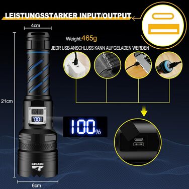 Потужний акумуляторний LED ліхтар BEYSTE 600000 люмен, тактичний, USB зарядка, для вулиці та надзвичайних ситуацій