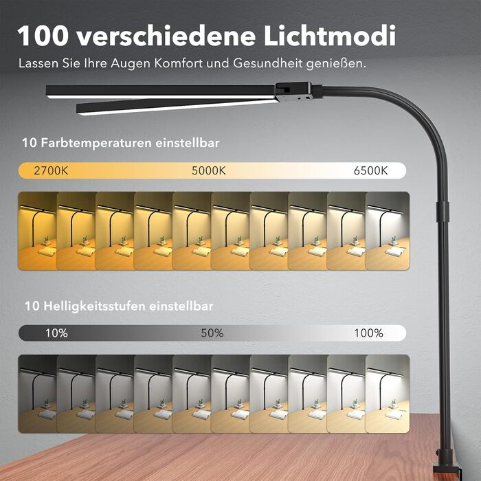 LED лампа настільна Jeebel 24W з двома головками, регулювання яскравості, 1800LM, 80 см, з пультом дистанційного керування, кріплення, 10 температур кольору, 10 рівнів яскравості, для офісу